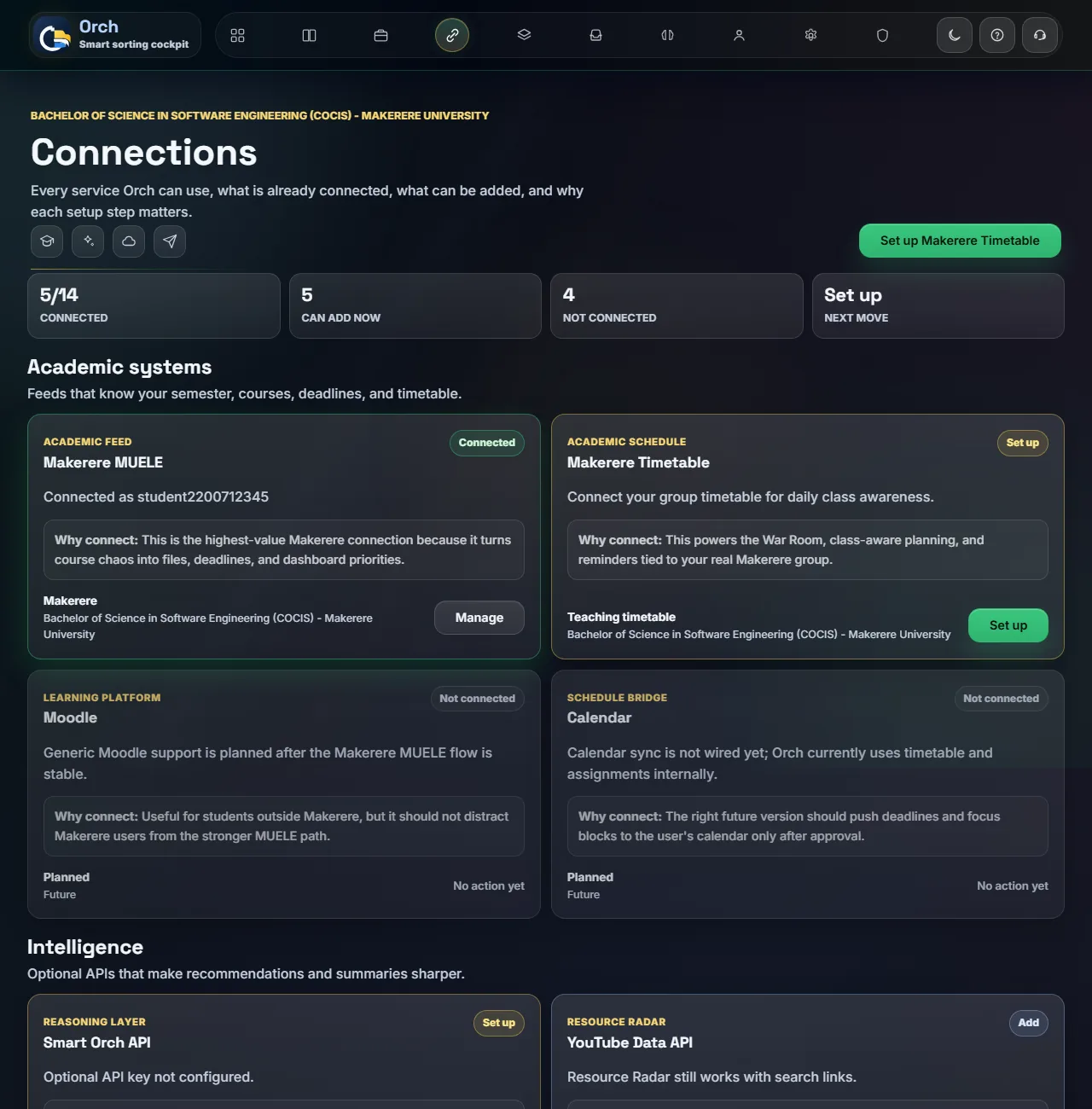 Connections page showing MUELE, GitHub, and Google Drive integrations