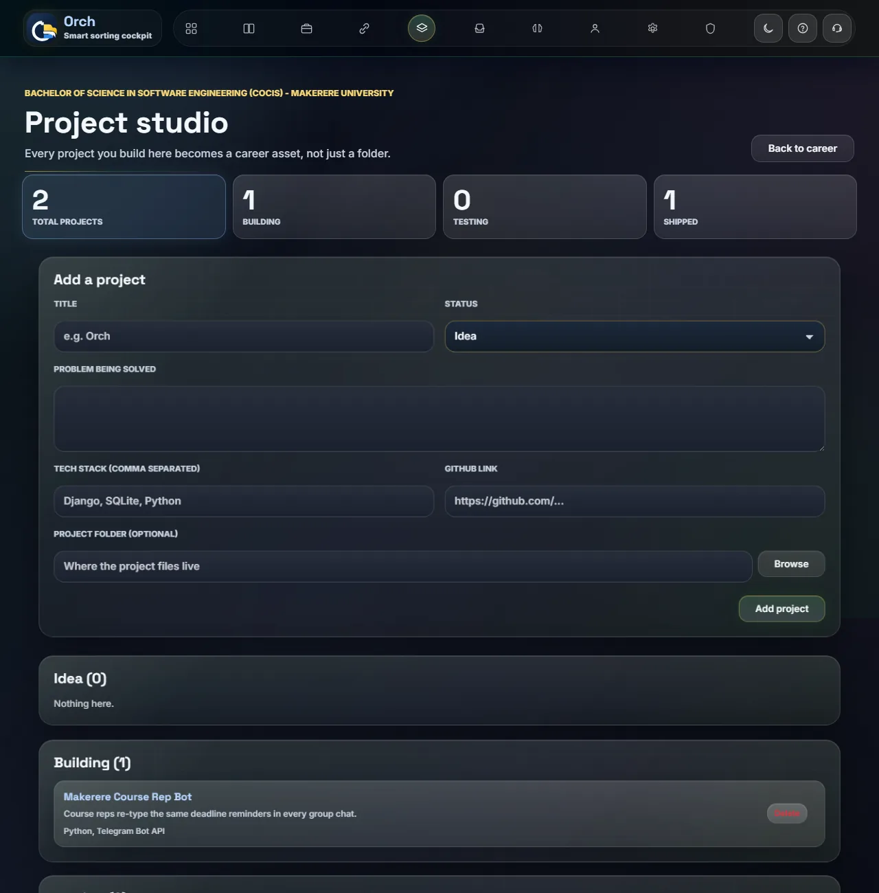 Project Studio tracking a student's engineering projects by status