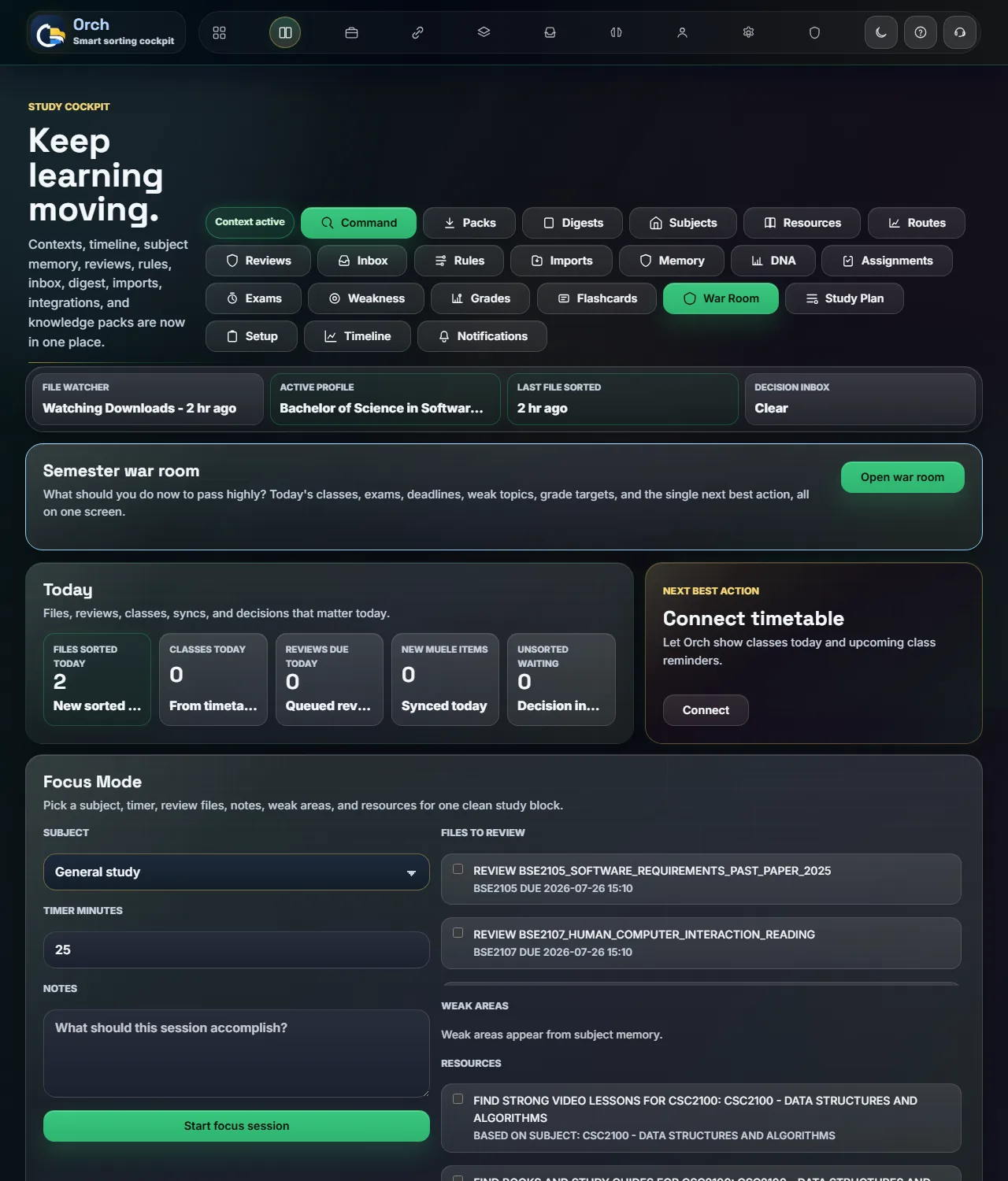 Study cockpit home page with focus mode, review queue, and live activity feed